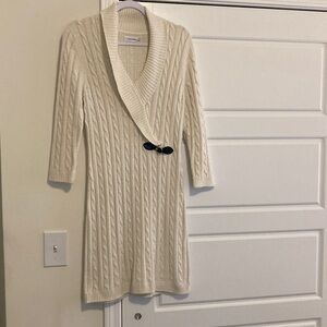 Calvin Klein Cream Cable Knit Shawl-Collar Sweater Dress